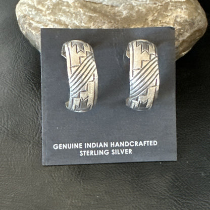 Old Pawn Womens Stamped Design All Sterling Silver Hoop Stud Earrings 1" 19093
