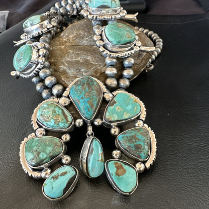 Green Royston Turquoise Navajo Squash Sterling Silver Naja Necklace 18236