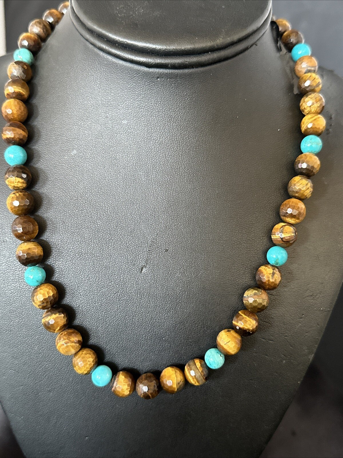 WoMens Tiger Eye Blue Turquoise  Sterling Silver Beads Necklace 19” 18169
