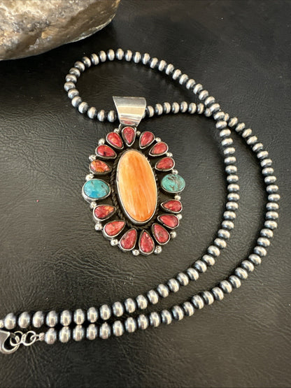 Multicolor Turquoise Spiny Navajo Sterling Silver Cluster Pendant Necklace 19564