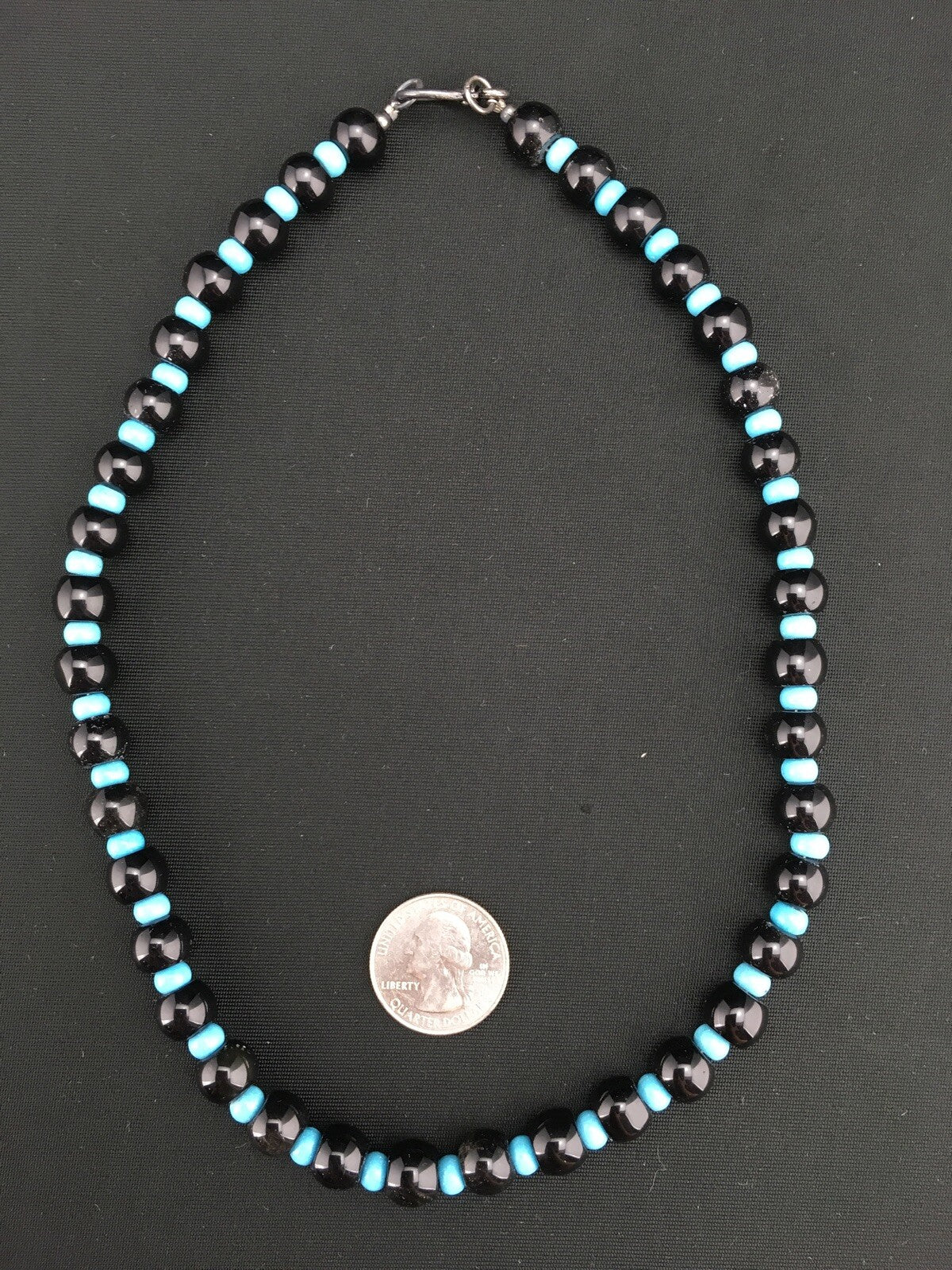 Native Black Onyx Blue Turquoise Bead Navajo Sterling Silver Necklace 15229