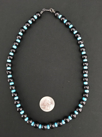 Native Black Onyx Blue Turquoise Bead Navajo Sterling Silver Necklace 15229