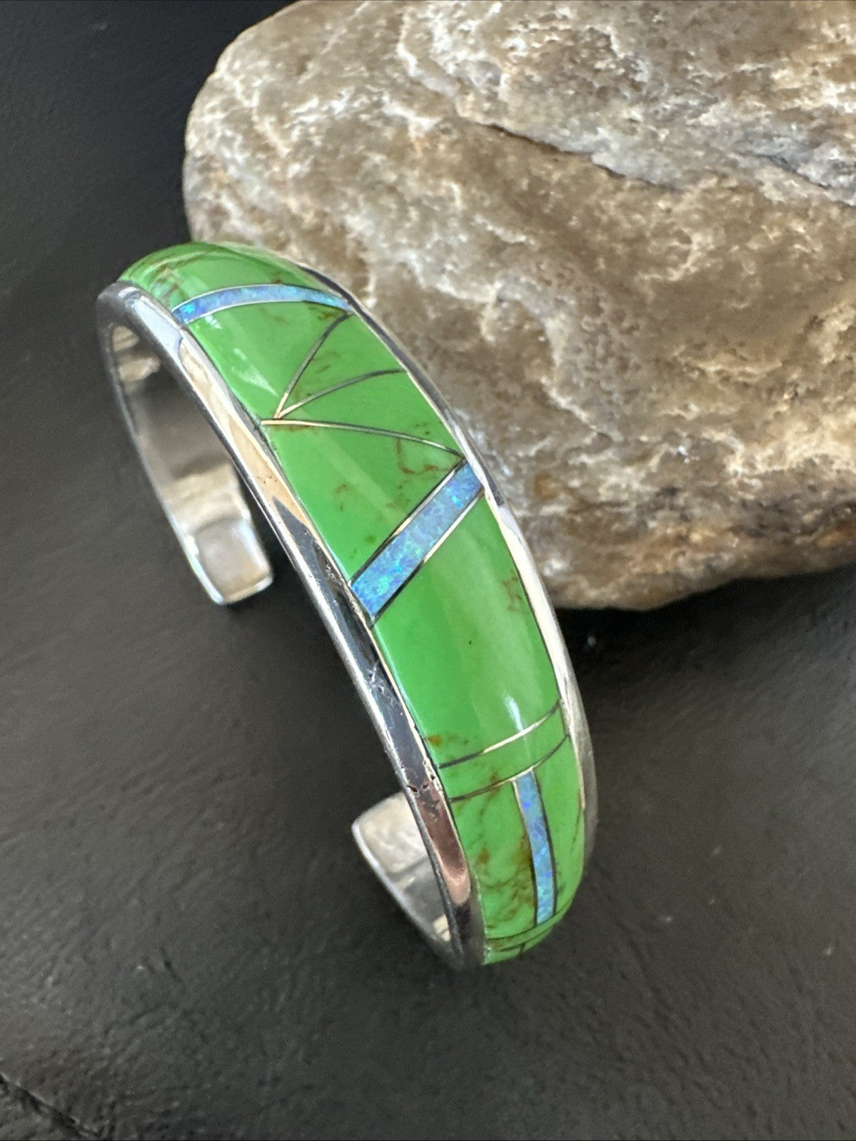 Womens Green Gaspeite Inlay Cuff Bracelet 7.05” Sterling Silver 19153