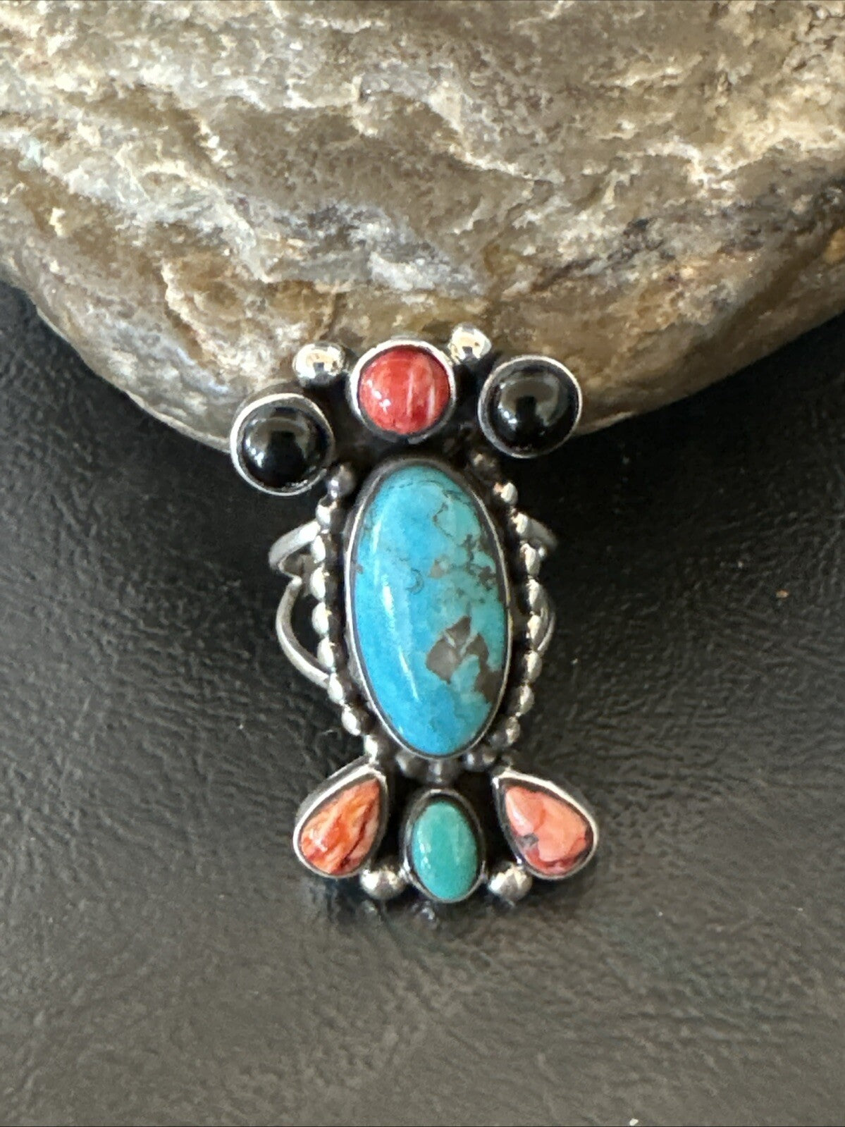 Cluster Blue Turquoise Spiny Oyster Onyx Sterling Silver Ring Size 9 18560