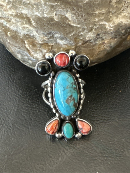 Cluster Blue Turquoise Spiny Oyster Onyx Sterling Silver Ring Size 9 18560