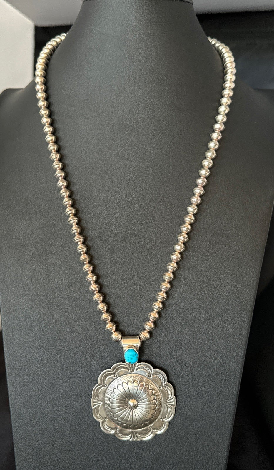 H Joe Navajo Sterling Silver Pendant Blue Kingman Turquoise Necklace 25”19443