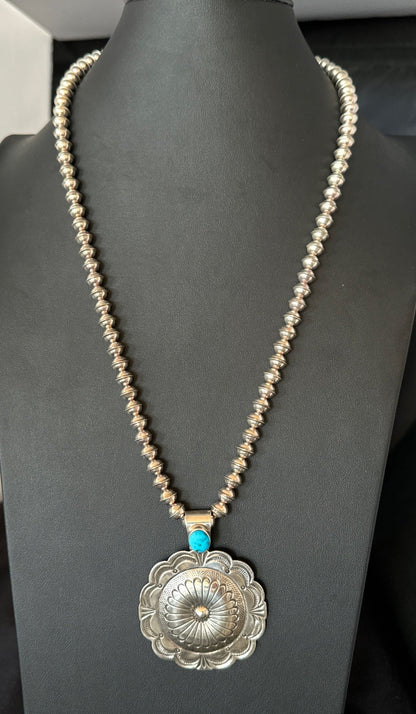 H Joe Navajo Sterling Silver Pendant Blue Kingman Turquoise Necklace 25”19443