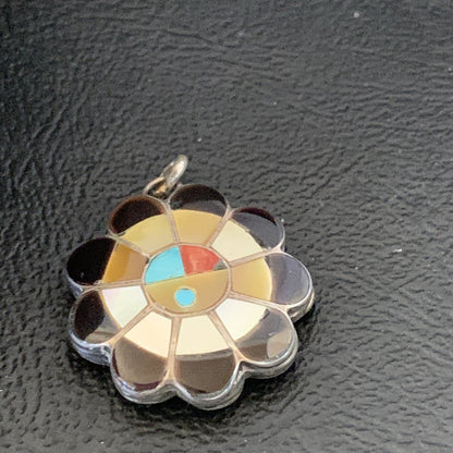 Mother Of Pearl Turquoise Spiny Inlay Zuni Sterling Silver 2 Sided Pendant 1682
