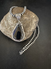 Black Onyx Pendant Navajo Pearls Necklace | Sterling Silver | Authentic Native American Handmade | 19386