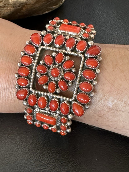 Mens Womens Red Coral Navajo Sterling Silver Cluster Cuff Bracelet 7.25" 19426