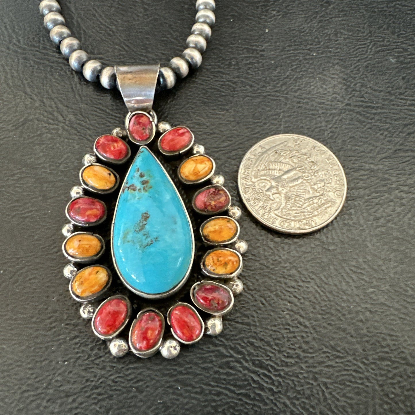 Multicolor Turquoise Spiny Navajo Sterling Silver Cluster Pendant Necklace 19560