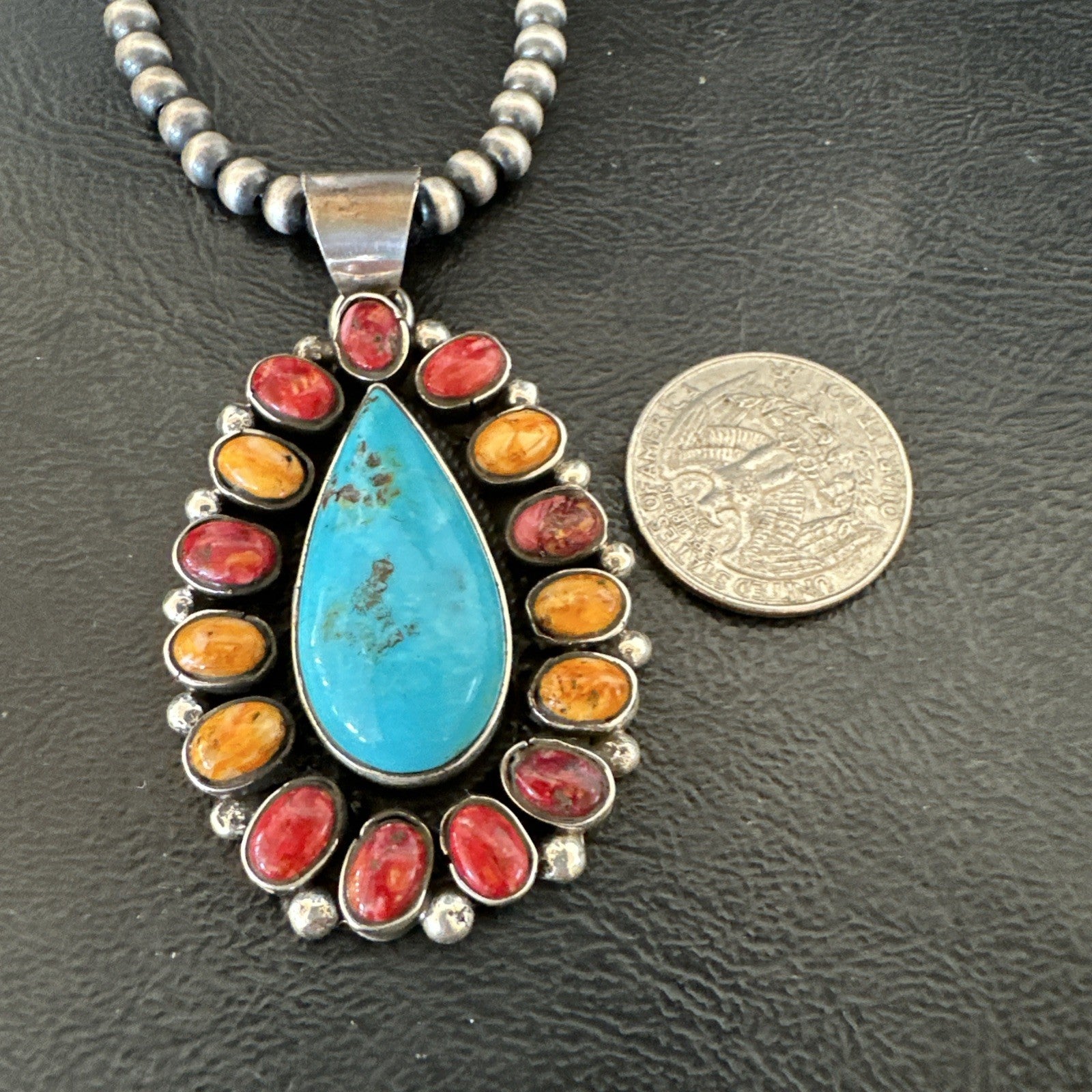 Multicolor Turquoise Spiny Navajo Sterling Silver Cluster Pendant Necklace 19560