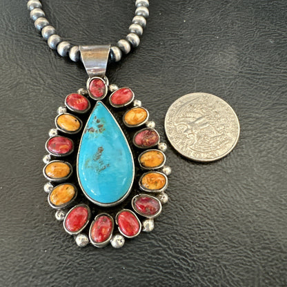 Multicolor Turquoise Spiny Navajo Sterling Silver Cluster Pendant Necklace 19560