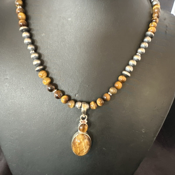 Coffee Brown Tigers Eye Pendant Necklace Southwestern | Sterling Silver | Authentic Native American Handmade | 18279