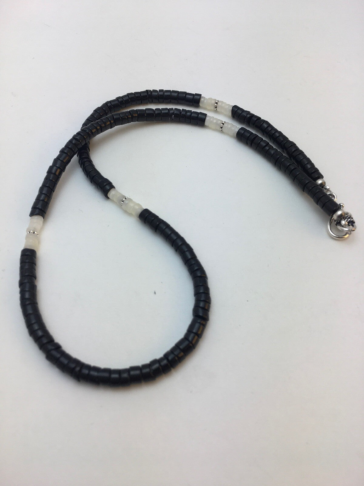 Southwestern White MOP Heishi Black Onyx Sterling Silver Mens Necklace 8901