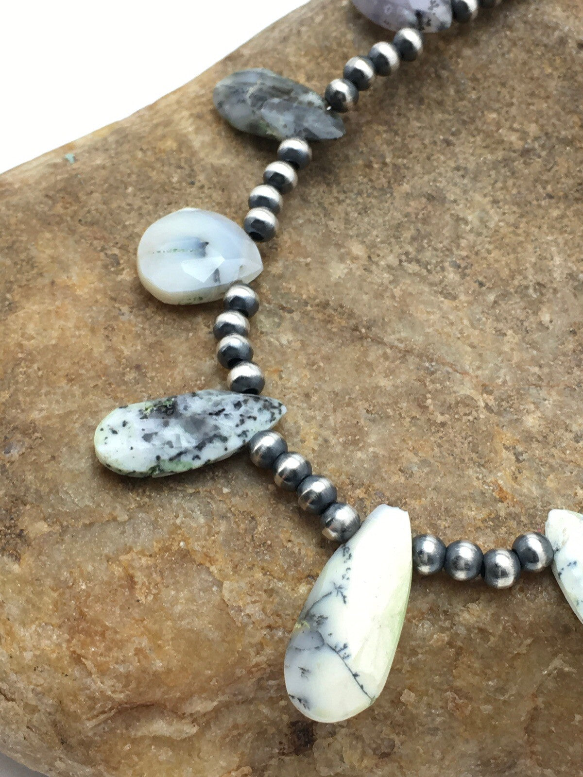 Black Rutile & Opal Pear Shaped Navajo Pearls Sterling Silver Necklace 4092