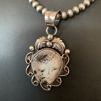 White Buffalo Turquoise Pendant  Sterling Silver Beads Necklace 11129