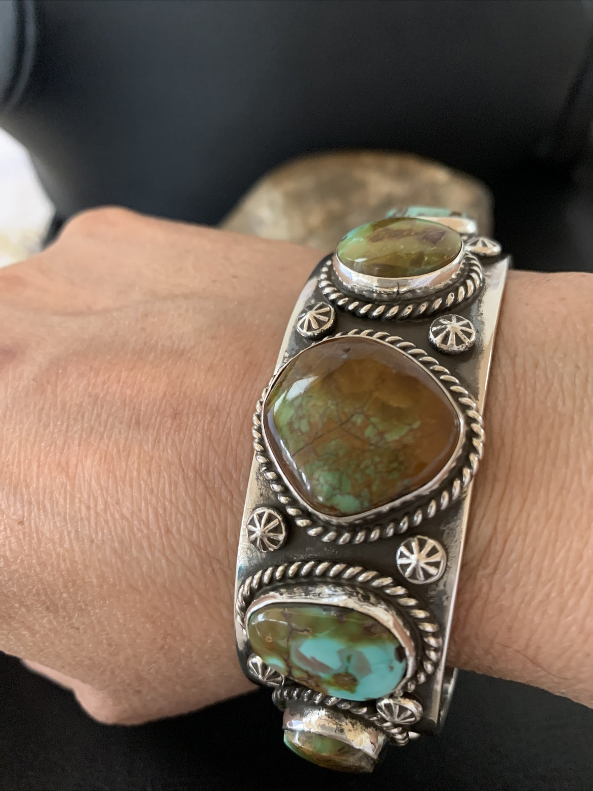 Green Royston Turquoise 5 Stone Navajo Sterling Silver Cuff Bracelet 1380