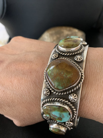 Green Royston Turquoise 5 Stone Navajo Sterling Silver Cuff Bracelet 1380