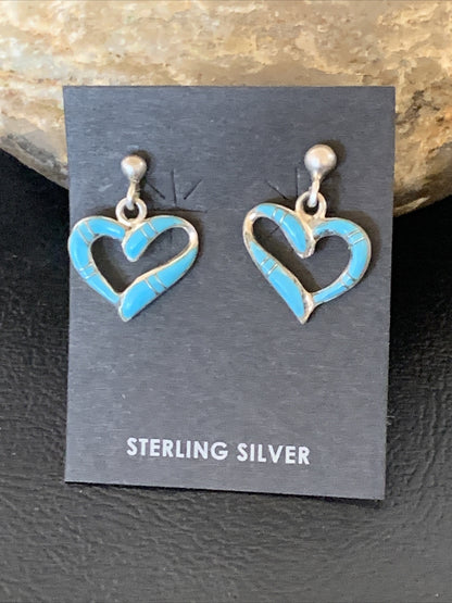 Blue Turquoise Heart Navajo Sterling Silver Dangle Post Earrings 0.5" 12714