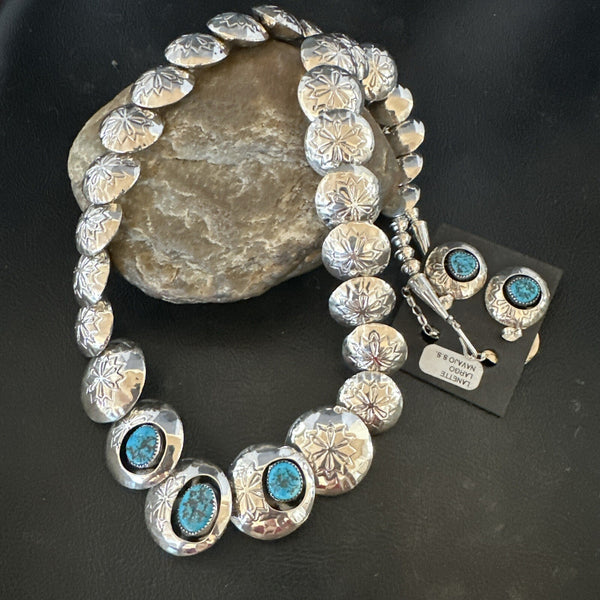 Reversible Coral Turquoise Navajo Necklace Earrings 24" | Sterling Silver | Authentic Native American Handmade | 17769