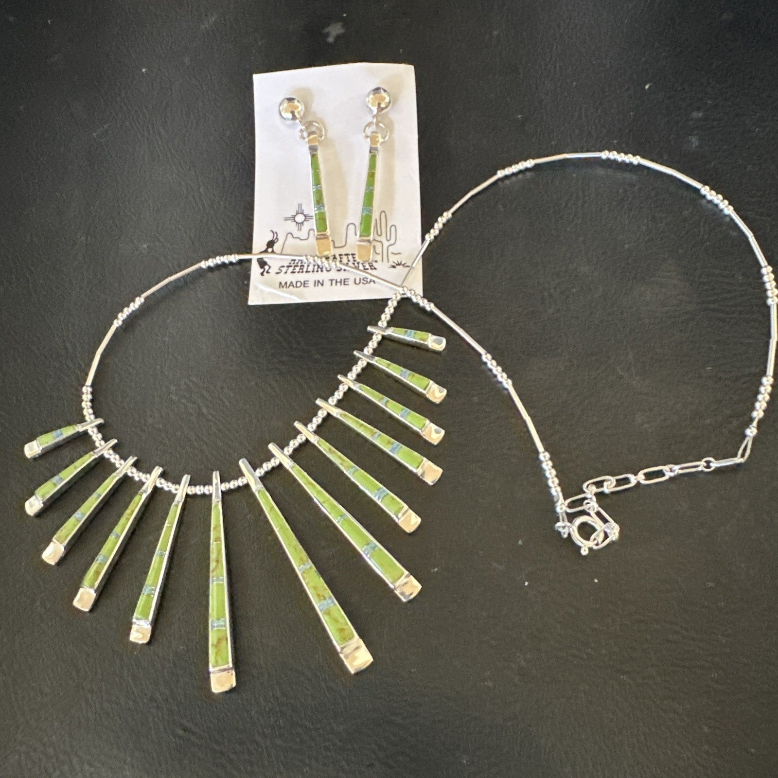 Womens Green Gaspeite Stick Pendant Necklace Earrings Sterling Silver 19151