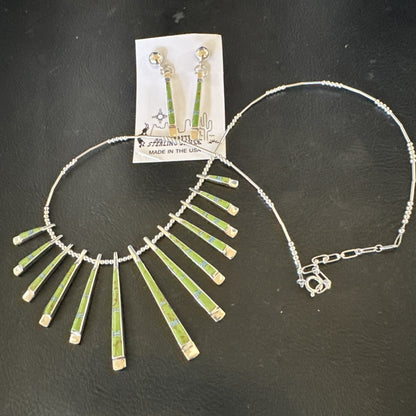 Womens Green Gaspeite Stick Pendant Necklace Earrings Sterling Silver 19151