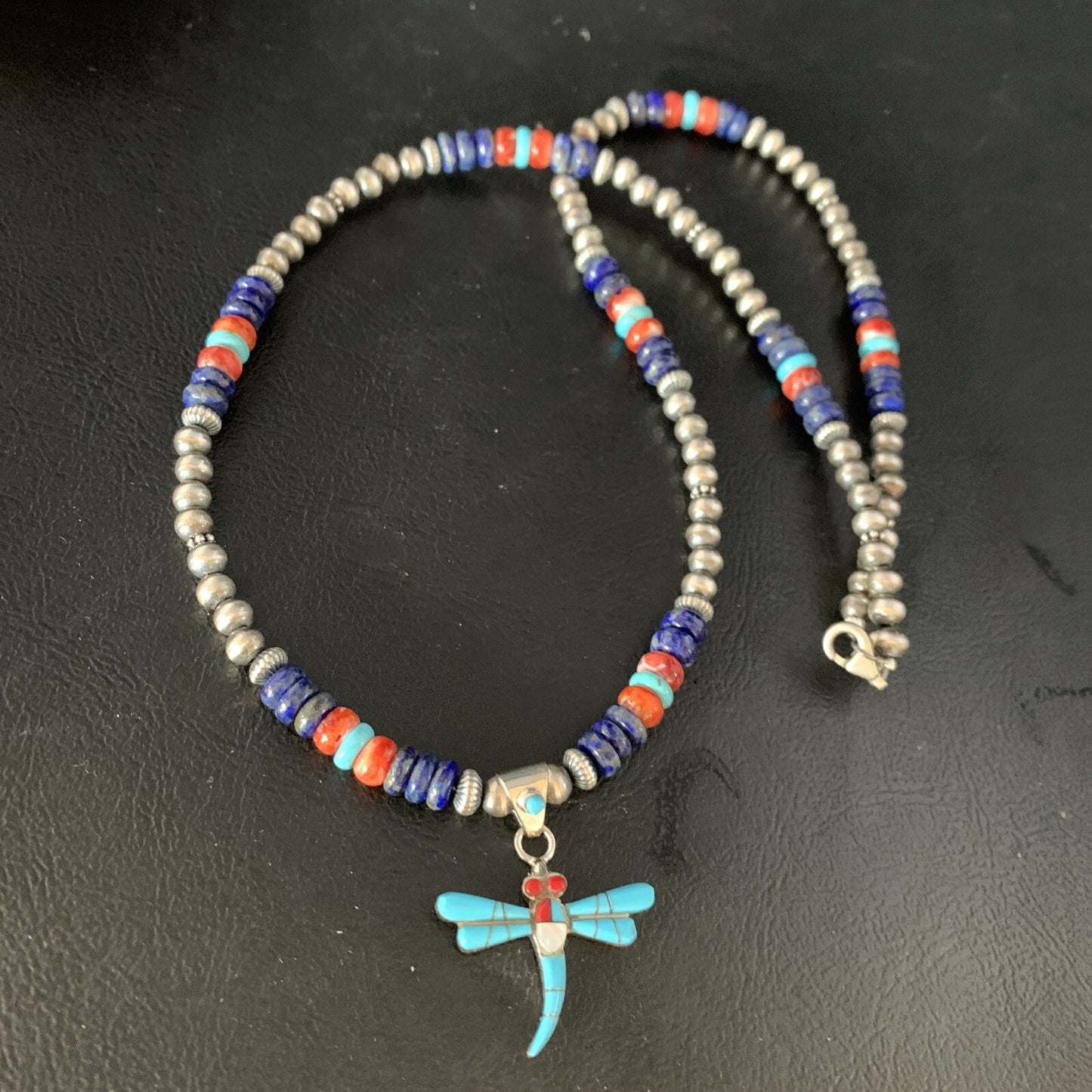 Dragonfly Sterling Silver Turquoise Coral Inlay Multi-Color Pendant 13512