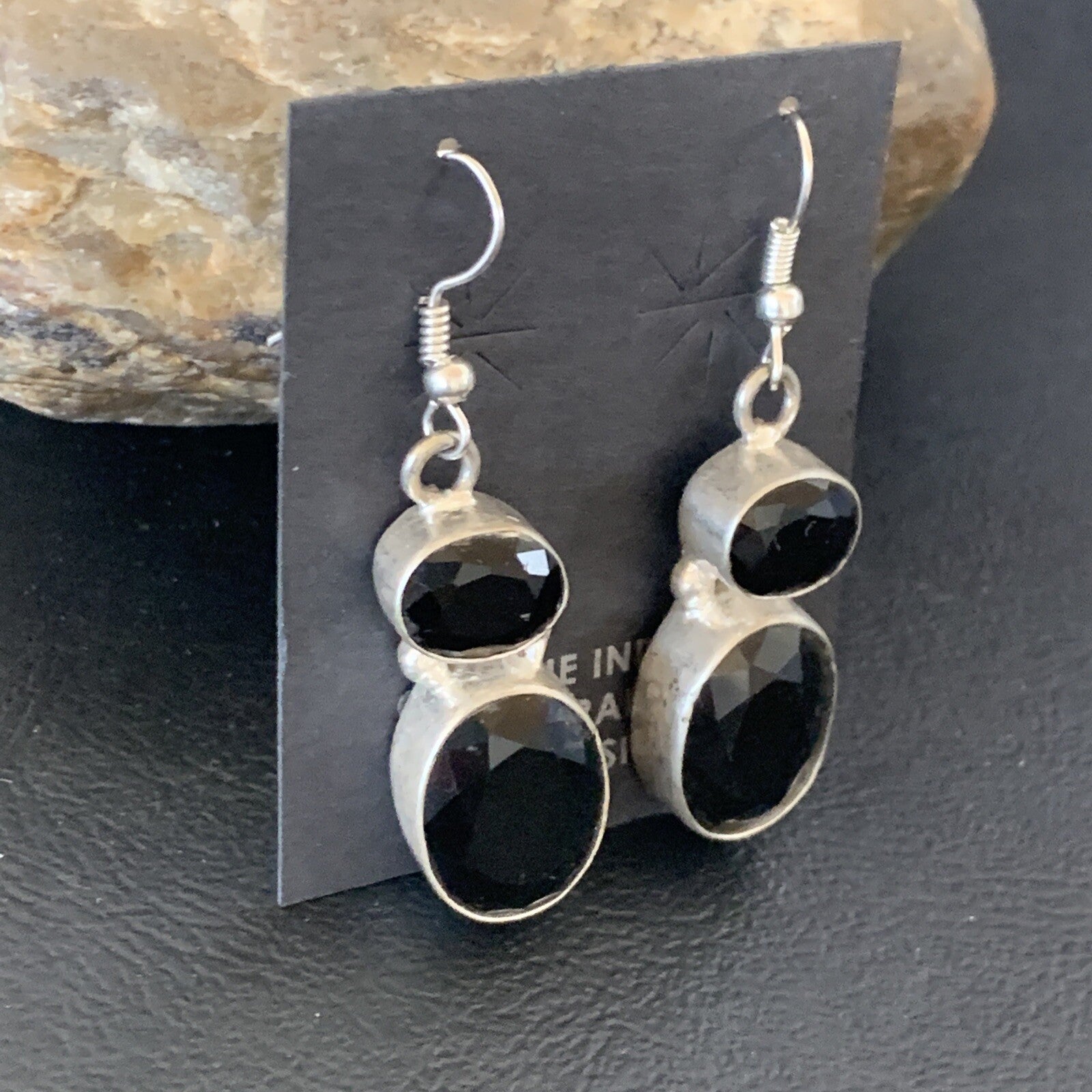 Native Black Smokey Quartz Navajo Sterling Silver Dangle Drop Earrings 12686