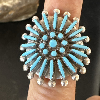 Blue Turquoise Zuni Sterling Silver Needle Point Cluster Ring Size 8 17843