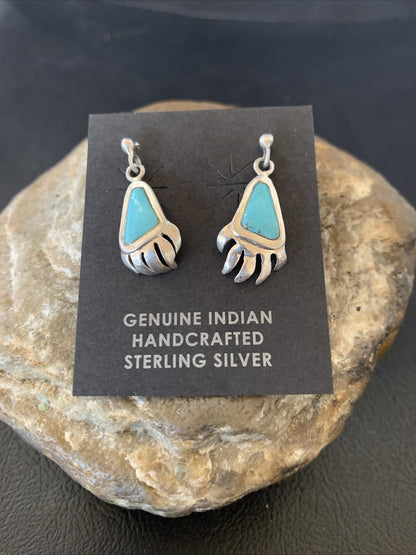 Turquoise BearPaw Inlay Navajo Sterling Silver Dangle Post Earrings 0.50" 12743
