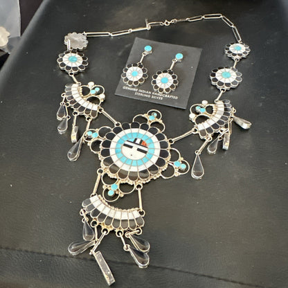 Old Pawn Sunface Turquoise Zuni Sterling Silver Necklace Earrings 19086