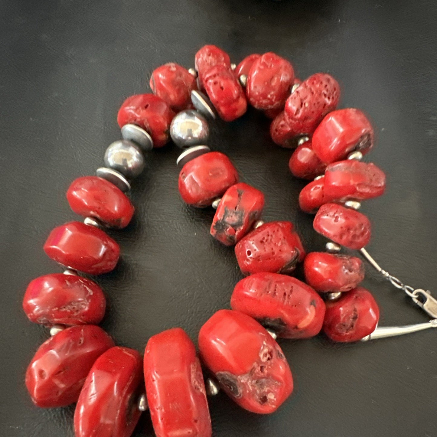 Chunky Navajo Red Bamboo Coral Sterling Silver Bead Necklace 24” Graduated 19530