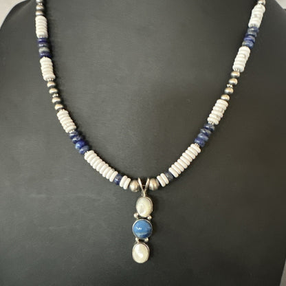 Blue Lapis White MOP Howlite Pendant Navajo Sterling Silver Necklace 19656