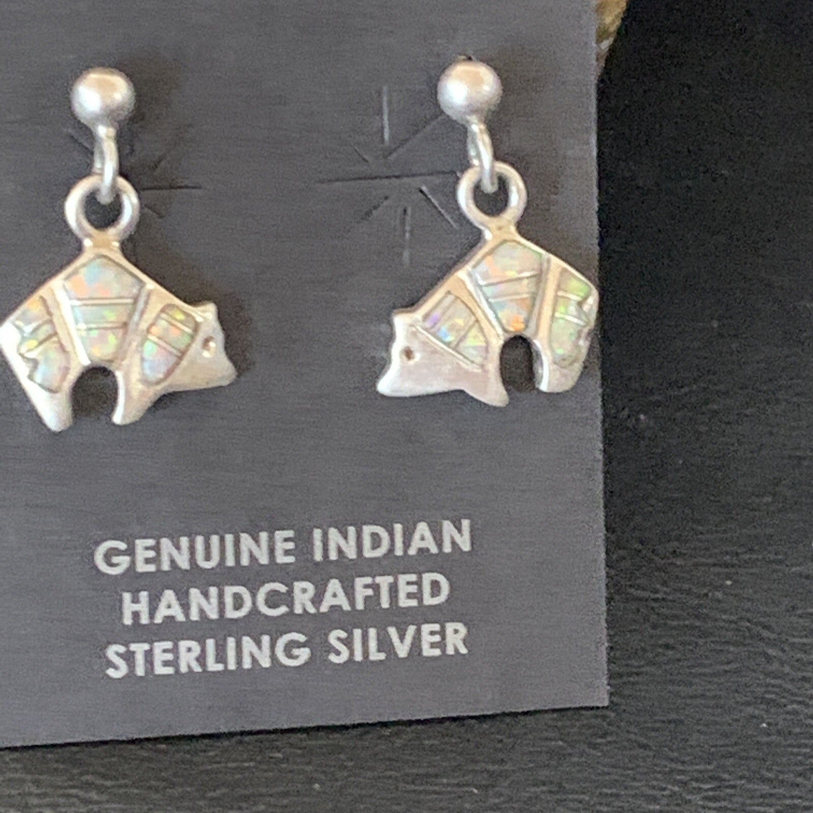 Womens White Opal Bear Inlay Navajo Sterling Silver Dangle Post Earrings 12767