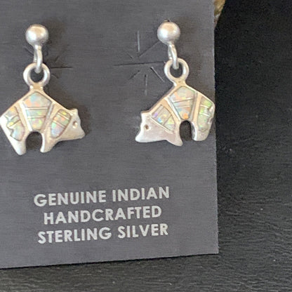 Womens White Opal Bear Inlay Navajo Sterling Silver Dangle Post Earrings 12767