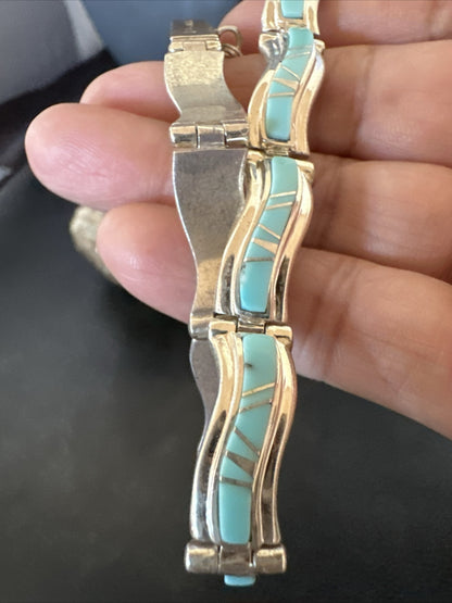 Blue Turquoise Navajo Old Pawn Sterling Silver Inlay Bracelet 8” 18132