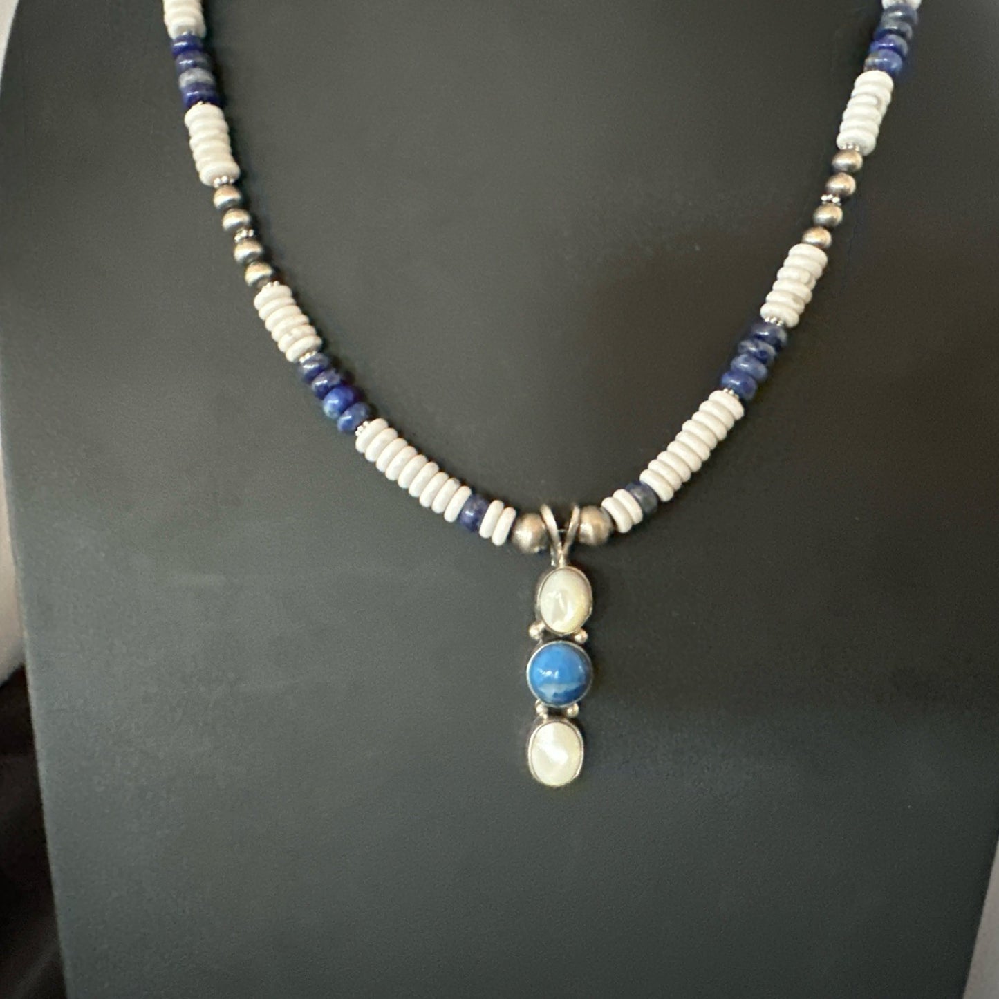 Blue Lapis White MOP Howlite Pendant Navajo Sterling Silver Necklace 19656