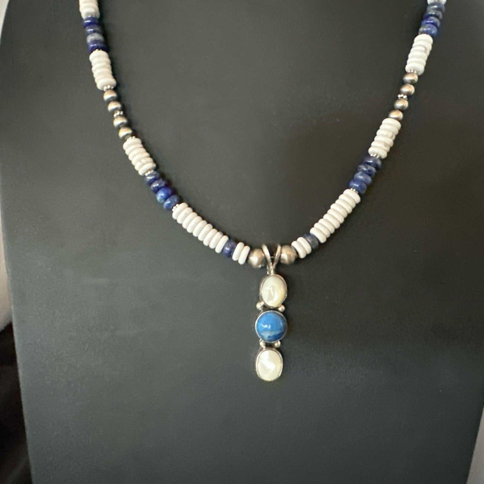 Blue Lapis White MOP Howlite Pendant Navajo Sterling Silver Necklace 19656