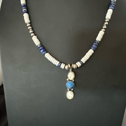 Blue Lapis White MOP Howlite Pendant Navajo Sterling Silver Necklace 19656