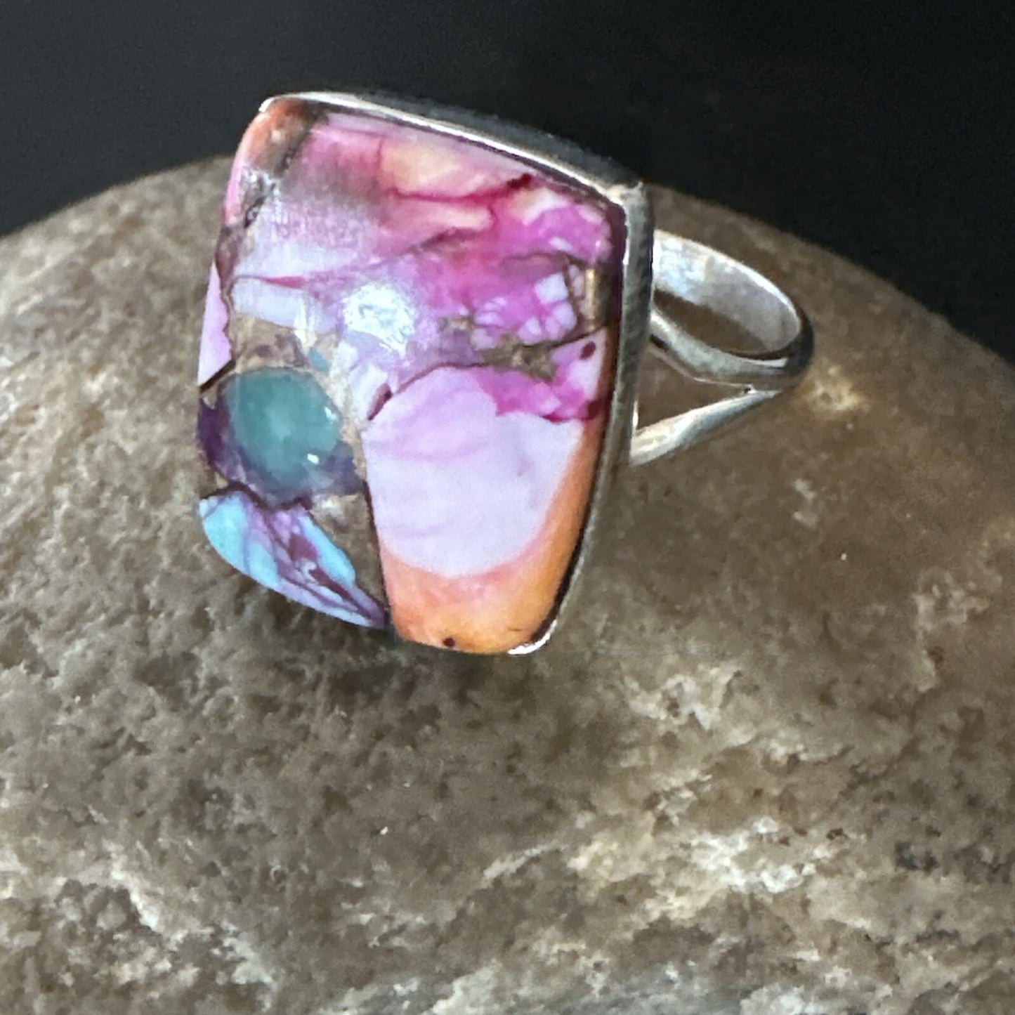 Blue Turquoise Spiny Oyster Southwestern Sterling Silver Ring Size 8 18442