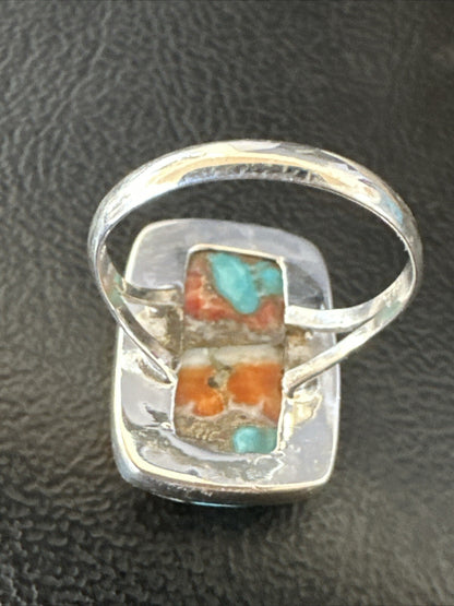 Blue Turquoise Spiny Oyster Southwestern Sterling Silver Ring Size 8 18431