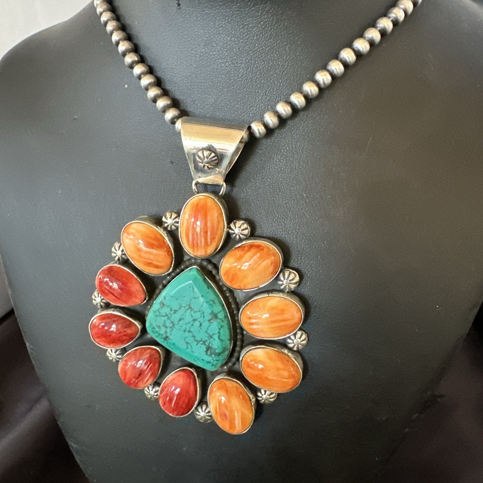 XL Turquoise Orange Spiny Cluster Pendant Navajo Sterling Silver Necklace 18400