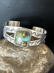 Green Royston Turquoise Navajo Cuff Bracelet | Sterling Silver | Authentic Native American Handmade | 17856