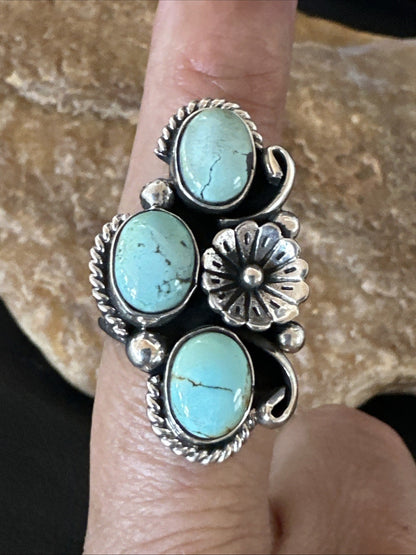 Yazzie Ring Blue Turquoise Navajo Sterling Silver Cluster Size 8 19220