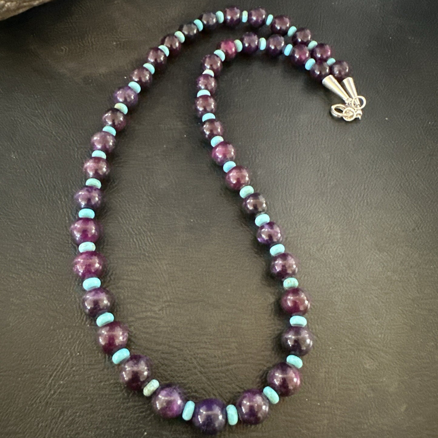 Purple Stone Blue Turquoise Bead Navajo Sterling Silver Necklace 18” 17788