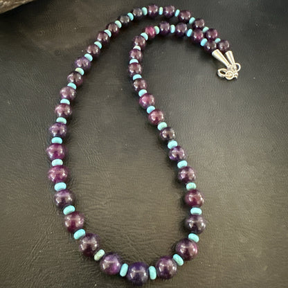 Purple Stone Blue Turquoise Bead Navajo Sterling Silver Necklace 18” 17788
