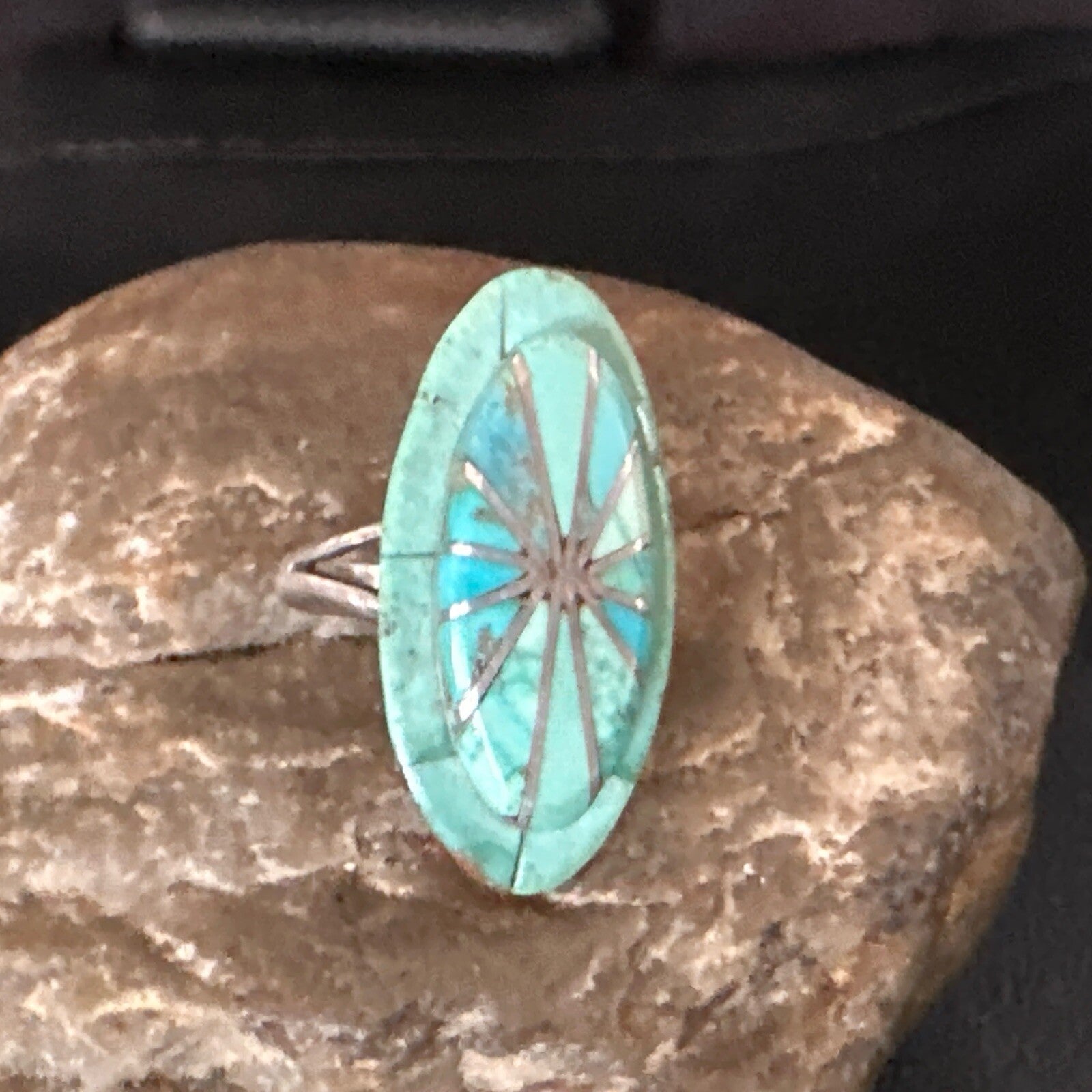 Native American Indian Navajo Blue Turquoise Inlay Band Ring Sz 7.5 18762