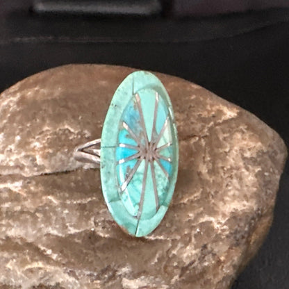 Native American Indian Navajo Blue Turquoise Inlay Band Ring Sz 7.5 18762