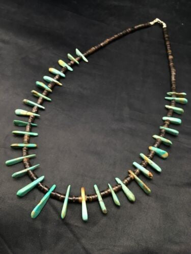 Navajo Green Turquoise & Bone Bead Necklace Sterling Silver 20" 4359